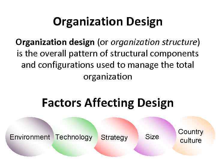 Organization Design Organization design (or organization structure) is the overall pattern of structural components