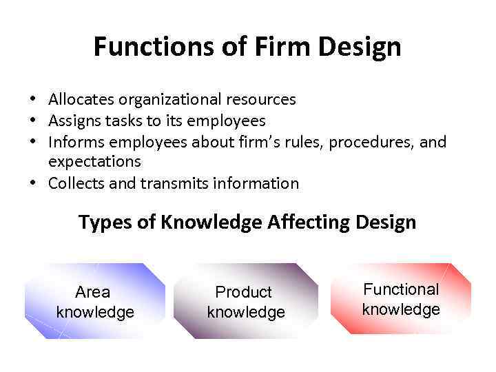 Functions of Firm Design • Allocates organizational resources • Assigns tasks to its employees