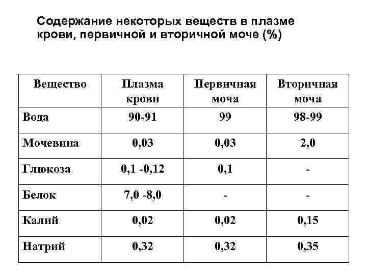 Содержание некоторых веществ в плазме крови, первичной и вторичной моче (%) Вещество Плазма крови