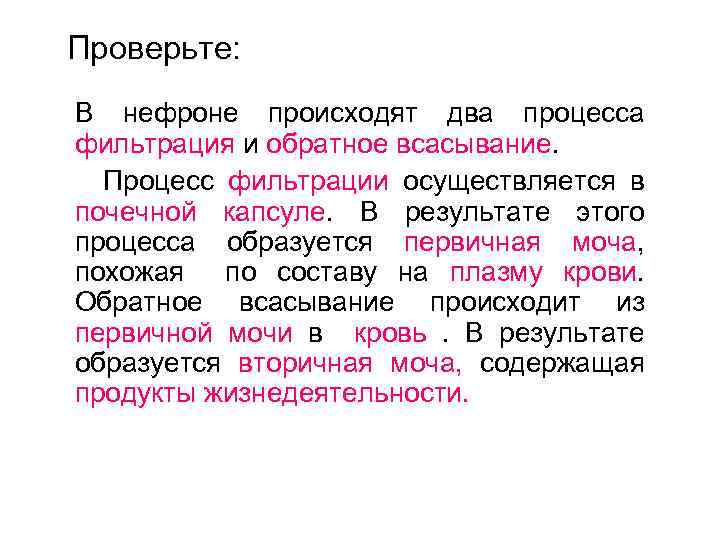 Проверьте: В нефроне происходят два процесса фильтрация и обратное всасывание. Процесс фильтрации осуществляется в