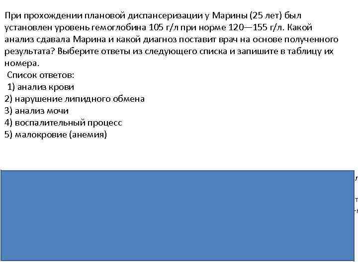 При прохождении плановой диспансеризации у Марины (25 лет) был установлен уровень гемоглобина 105 г/л