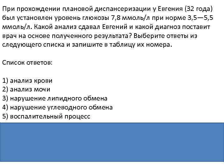 При прохождении плановой диспансеризации у Евгения (32 года) был установлен уровень глюкозы 7, 8