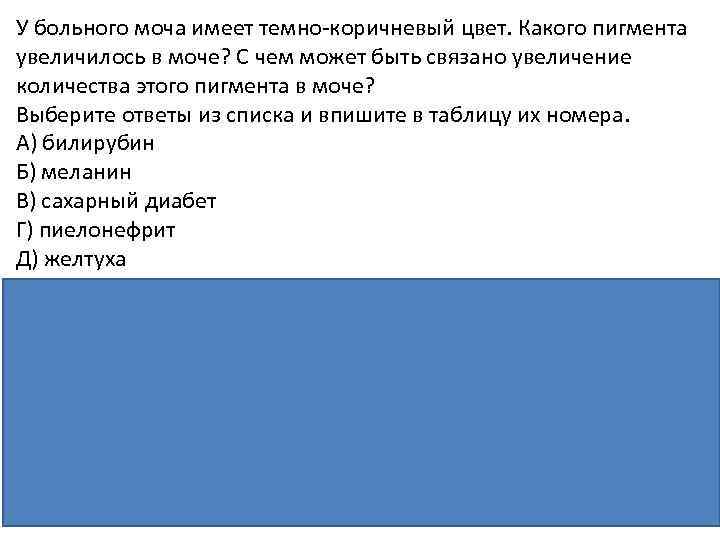 У больного моча имеет темно коричневый цвет. Какого пигмента увеличилось в моче? С чем