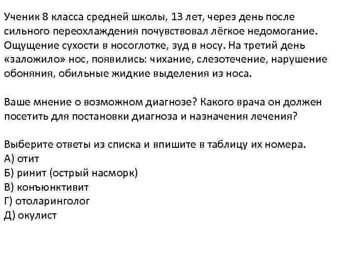 Ученик 8 класса средней школы, 13 лет, через день после сильного переохлаждения почувствовал лёгкое