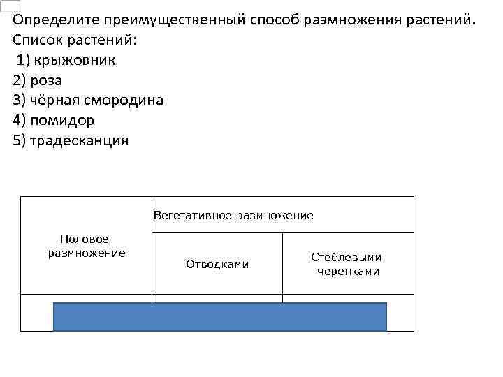 Определите преимущественный способ размножения растений. Список растений: 1) крыжовник 2) роза 3) чёрная смородина