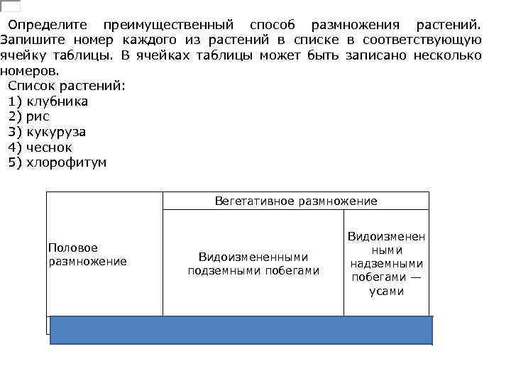 Определите преимущественный способ размножения растений. Запишите номер каждого из растений в списке в соответствующую