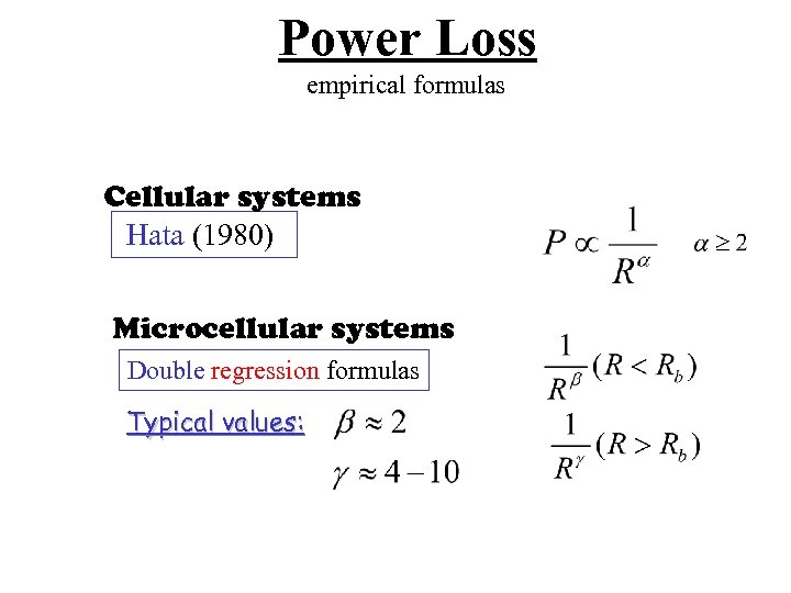 Power Loss empirical formulas Cellular systems Hata (1980) Microcellular systems Double regression formulas Typical