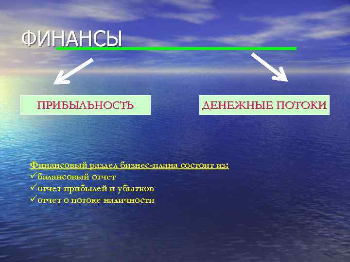 ФИНАНСЫ ПРИБЫЛЬНОСТЬ ДЕНЕЖНЫЕ ПОТОКИ Финансовый раздел бизнес-плана состоит из: балансовый отчет прибылей и убытков