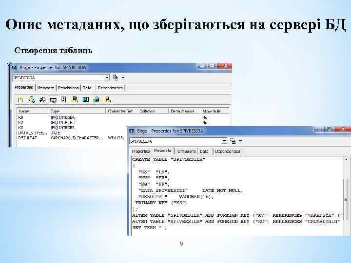 Опис метаданих, що зберігаються на сервері БД Створення таблиць 9 