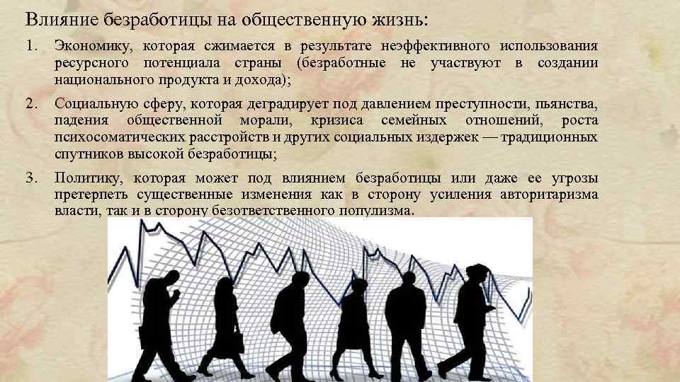 Влияние безработицы на общественную жизнь: 1. Экономику, которая сжимается в результате неэффективного использования ресурсного
