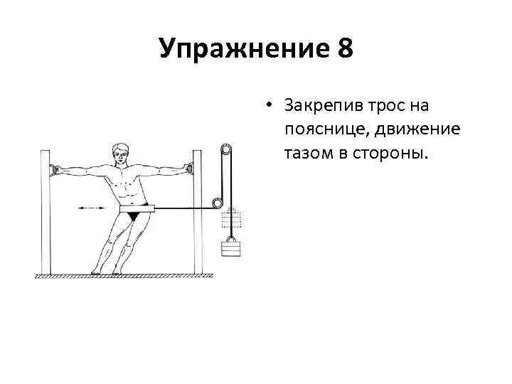 Упражнение 8 • Закрепив трос на пояснице, движение тазом в стороны. 