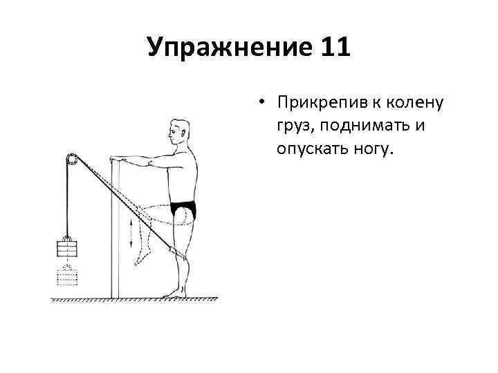 Упражнение 11 • Прикрепив к колену груз, поднимать и опускать ногу. 