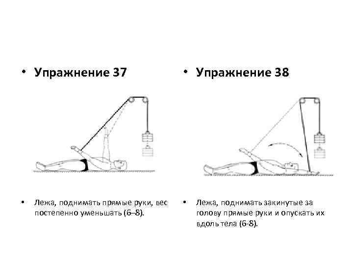  • Упражнение 37 • Лежа, поднимать прямые руки, вес постепенно уменьшать (6– 8).