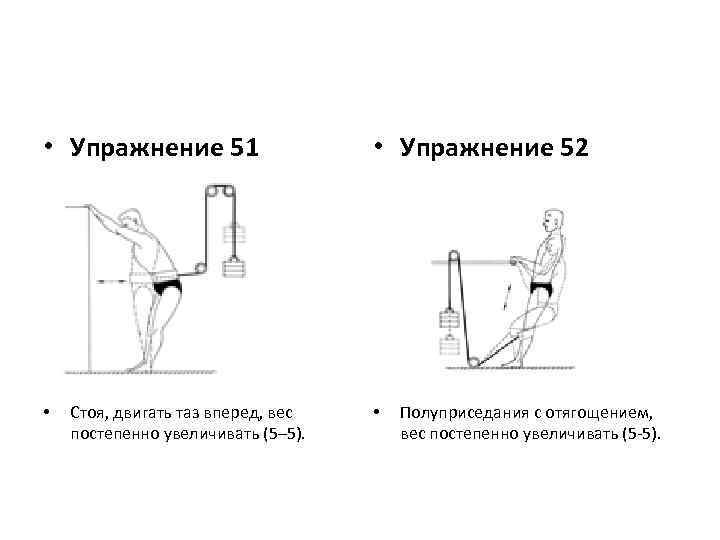  • Упражнение 51 • Стоя, двигать таз вперед, вес постепенно увеличивать (5– 5).