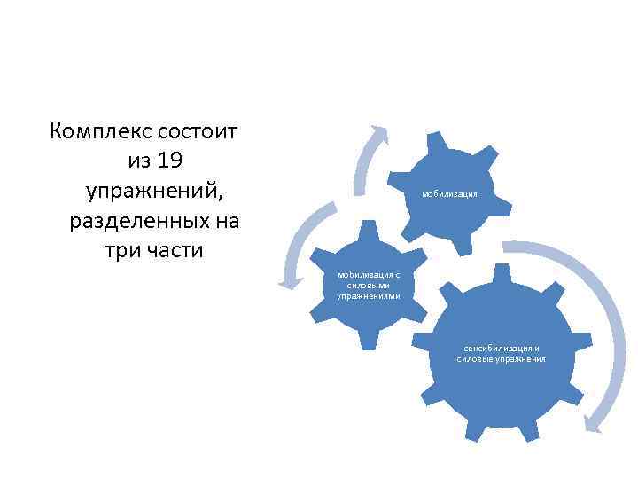 Комплекс состоит из 19 упражнений, разделенных на три части мобилизация с силовыми упражнениями сенсибилизация