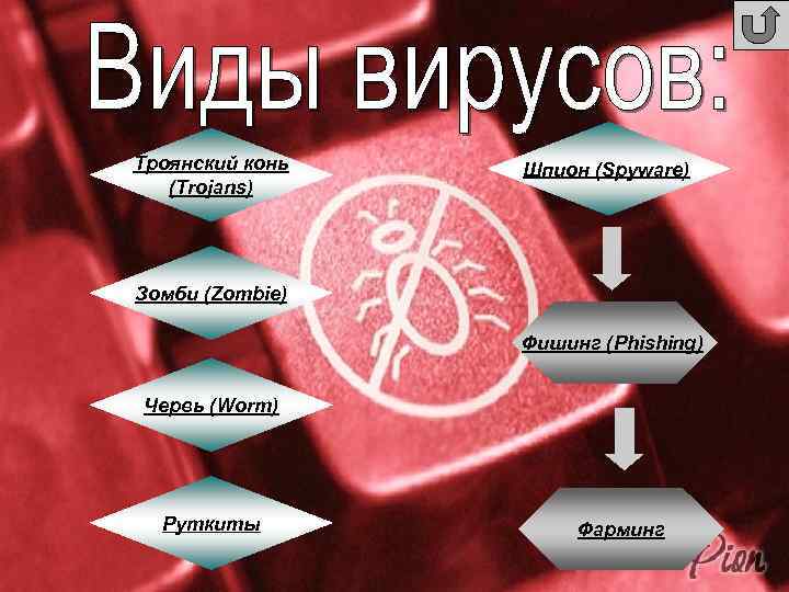 Троянский конь (Trojans) Шпион (Spyware) Зомби (Zombie) Фишинг (Phishing) Червь (Worm) Руткиты Фарминг 