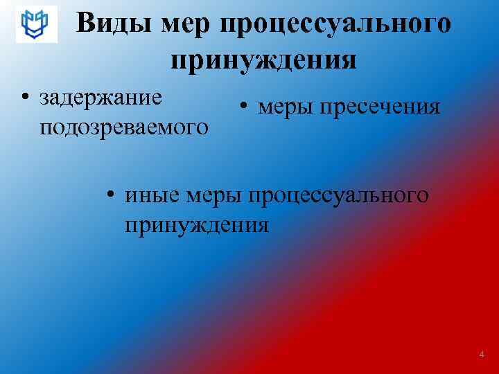 Виды мер процессуального принуждения • задержание подозреваемого • меры пресечения • иные меры процессуального