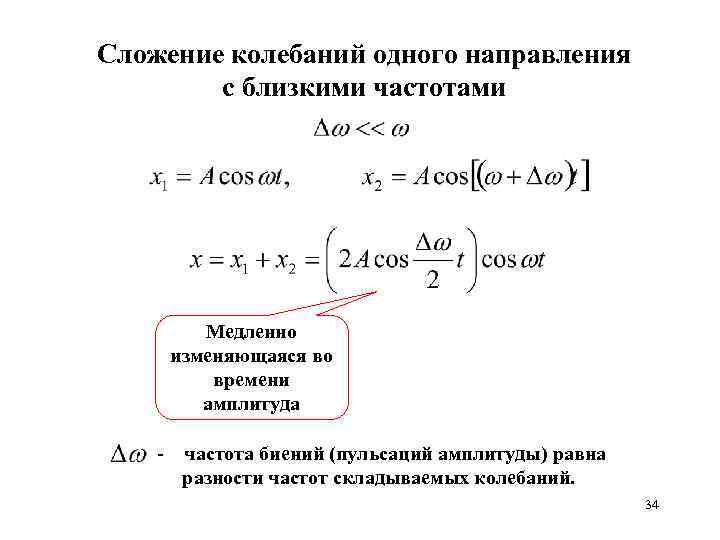 Сложение колебаний одного направления с близкими частотами Медленно изменяющаяся во времени амплитуда - частота