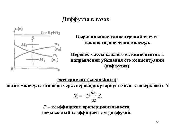Диффузия в газах Выравнивание концентраций за счет теплового движения молекул. Перенос массы каждого из