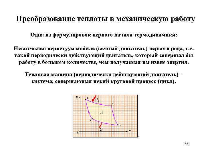 Преобразование теплоты в механическую работу Одна из формулировок первого начала термодинамики: Невозможен перпетуум мобиле