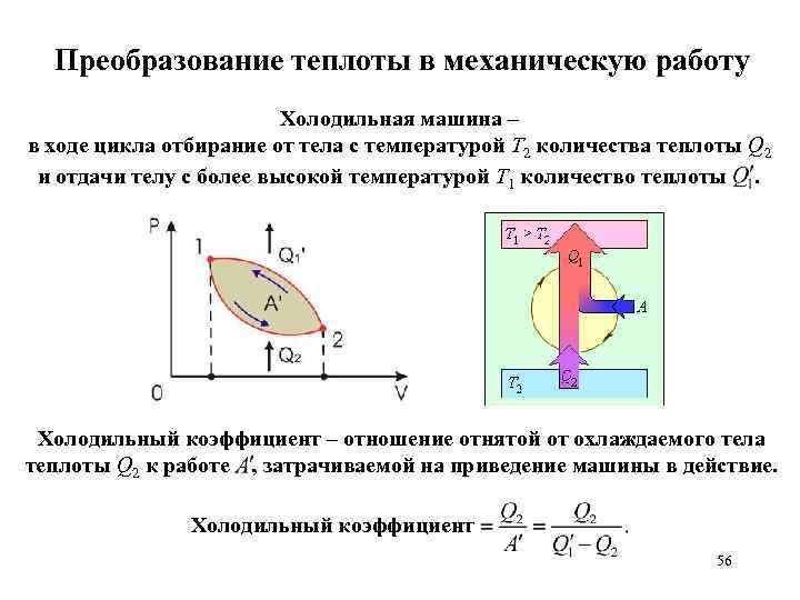 Преобразование теплоты в механическую работу Холодильная машина – в ходе цикла отбирание от тела