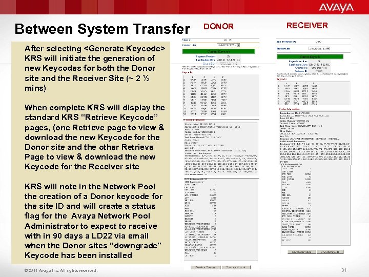 Between System Transfer DONOR RECEIVER After selecting <Generate Keycode> KRS will initiate the generation