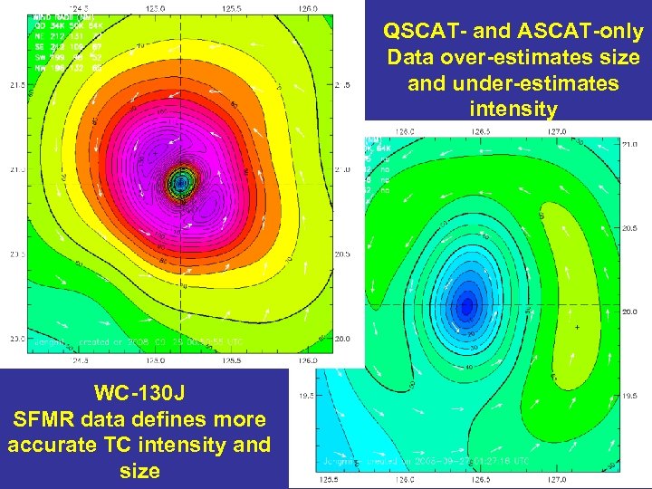 QSCAT- and ASCAT-only Data over-estimates size and under-estimates intensity WC-130 J SFMR data defines