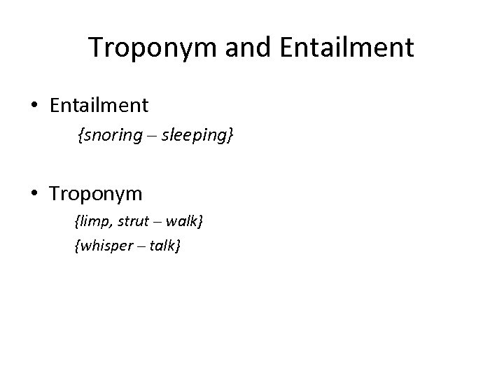 Troponym and Entailment • Entailment {snoring – sleeping} • Troponym {limp, strut – walk}