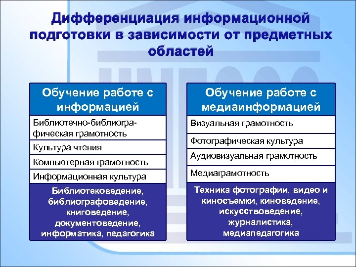 Дифференциация информационной подготовки в зависимости от предметных областей Обучение работе с информацией Библиотечно-библиографическая грамотность