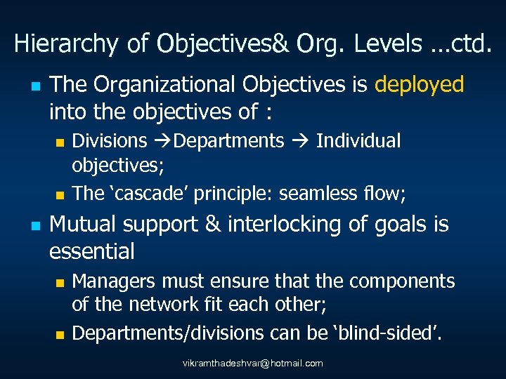 Hierarchy of Objectives& Org. Levels …ctd. n The Organizational Objectives is deployed into the