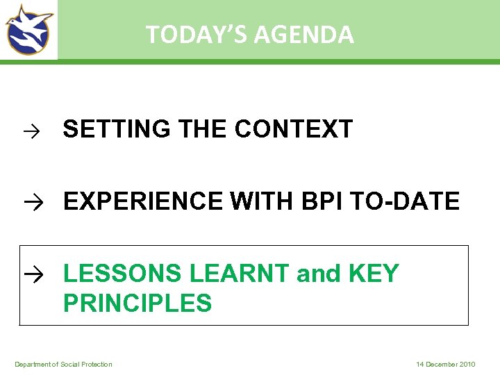 TODAY’S AGENDA → SETTING THE CONTEXT → EXPERIENCE WITH BPI TO-DATE → LESSONS LEARNT