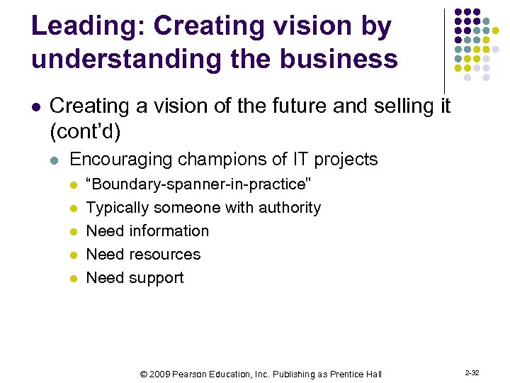 Leading: Creating vision by understanding the business l Creating a vision of the future
