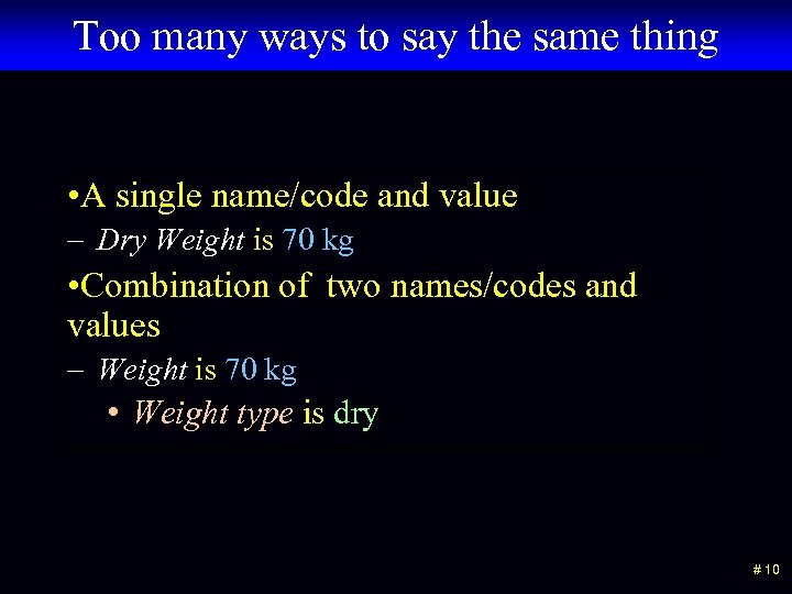 Too many ways to say the same thing • A single name/code and value