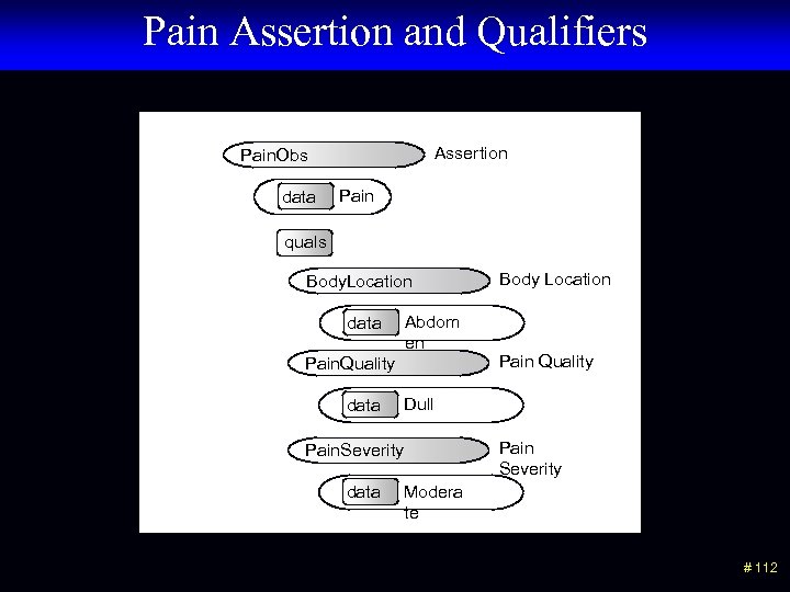 Pain Assertion and Qualifiers Assertion Pain. Obs data Pain quals Body. Location Abdom en