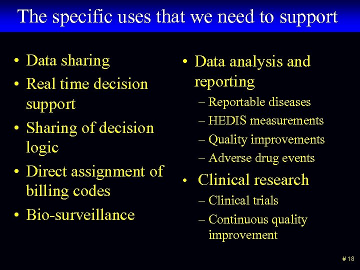 The specific uses that we need to support • Data sharing • Real time