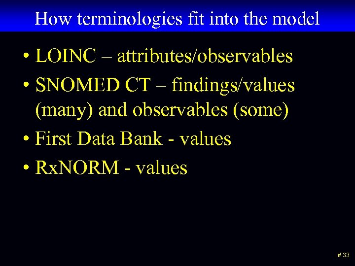 How terminologies fit into the model • LOINC – attributes/observables • SNOMED CT –