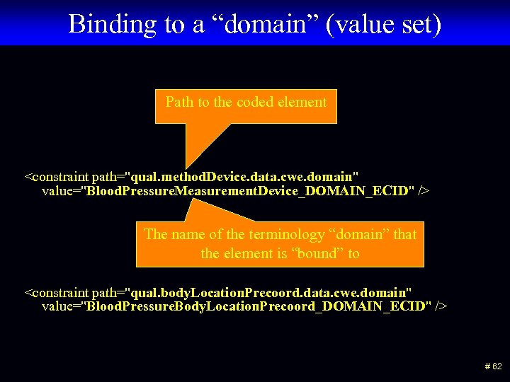 Binding to a “domain” (value set) Path to the coded element <constraint path=