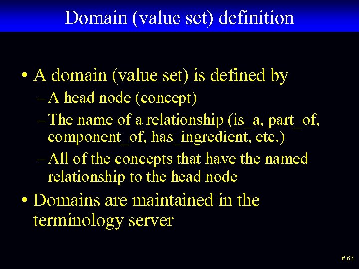 Domain (value set) definition • A domain (value set) is defined by – A