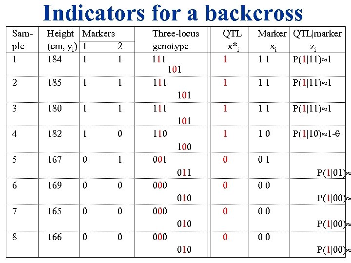 Indicators for a backcross Sam- Height Markers Three-locus ple (cm, yi) 1 2 genotype