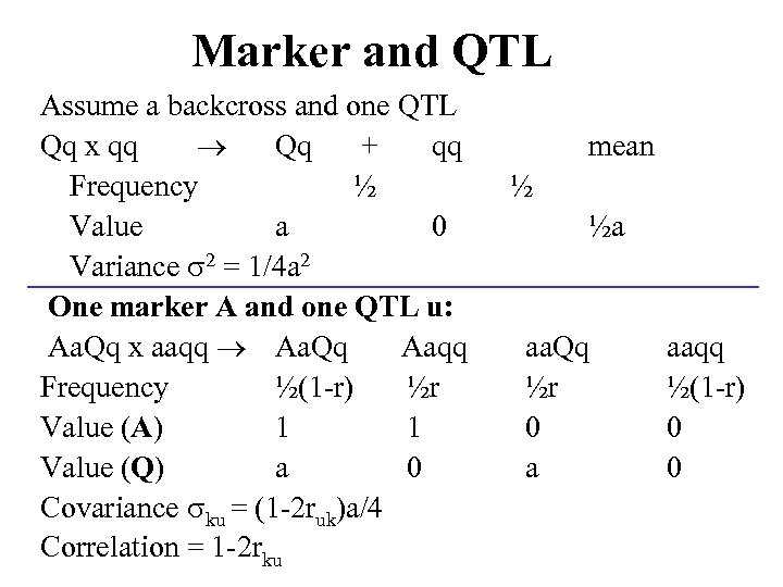 Marker and QTL Assume a backcross and one QTL Qq x qq Qq +