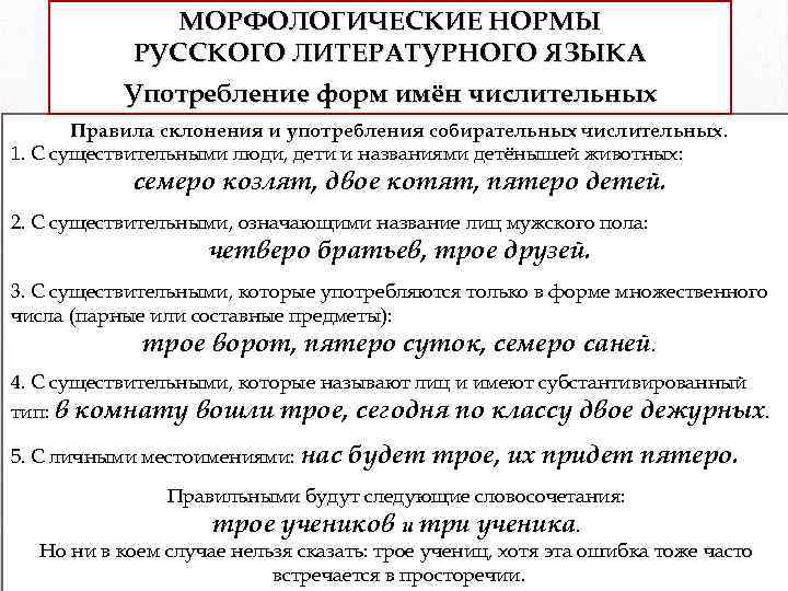 МОРФОЛОГИЧЕСКИЕ НОРМЫ РУССКОГО ЛИТЕРАТУРНОГО ЯЗЫКА Употребление форм имён числительных Правила склонения и употребления собирательных