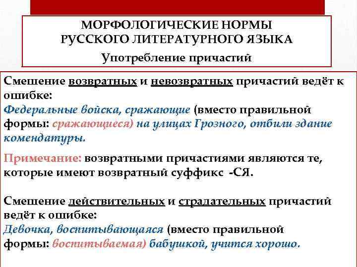 МОРФОЛОГИЧЕСКИЕ НОРМЫ РУССКОГО ЛИТЕРАТУРНОГО ЯЗЫКА Употребление причастий Смешение возвратных и невозвратных причастий ведёт к