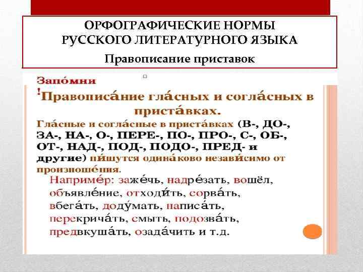 ОРФОГРАФИЧЕСКИЕ НОРМЫ РУССКОГО ЛИТЕРАТУРНОГО ЯЗЫКА Правописание приставок 