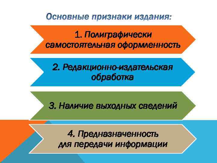 1. Полиграфически самостоятельная оформленность 2. Редакционно-издательская обработка 3. Наличие выходных сведений 4. Предназначенность для