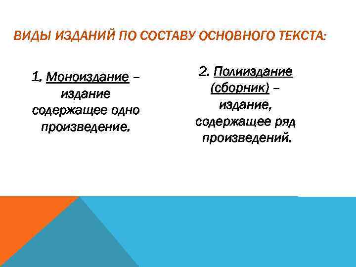 ВИДЫ ИЗДАНИЙ ПО СОСТАВУ ОСНОВНОГО ТЕКСТА: 1. Моноиздание – издание содержащее одно произведение. 2.