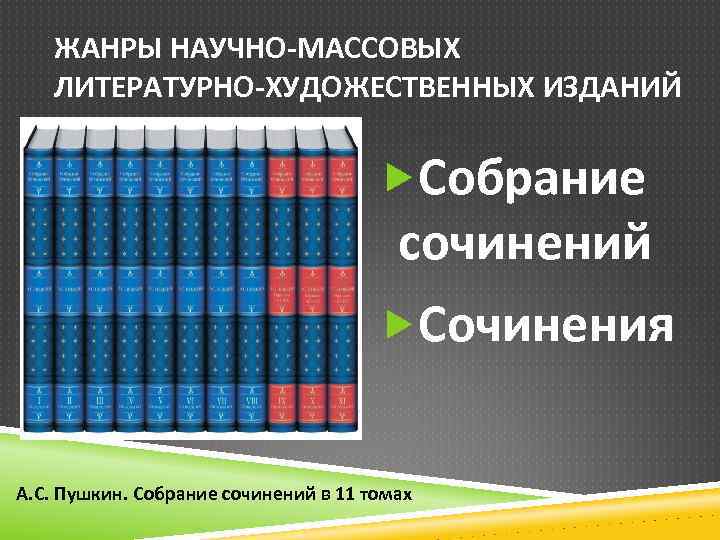 ЖАНРЫ НАУЧНО МАССОВЫХ ЛИТЕРАТУРНО ХУДОЖЕСТВЕННЫХ ИЗДАНИЙ Собрание сочинений Сочинения А. С. Пушкин. Собрание сочинений