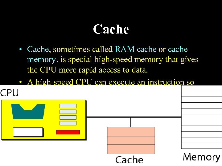 Cache • Cache, sometimes called RAM cache or cache memory, is special high-speed memory