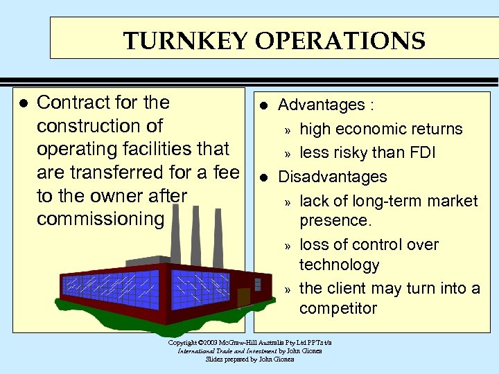 TURNKEY OPERATIONS l Contract for the construction of operating facilities that are transferred for