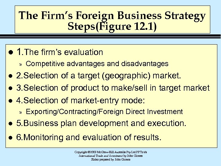 The Firm’s Foreign Business Strategy Steps(Figure 12. 1) l 1. The firm’s evaluation »