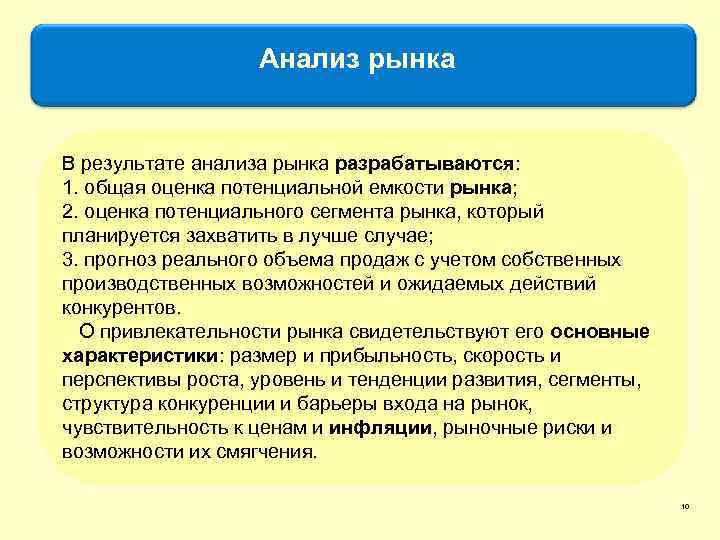 Анализ рынка В результате анализа рынка разрабатываются: 1. общая оценка потенциальной емкости рынка; 2.